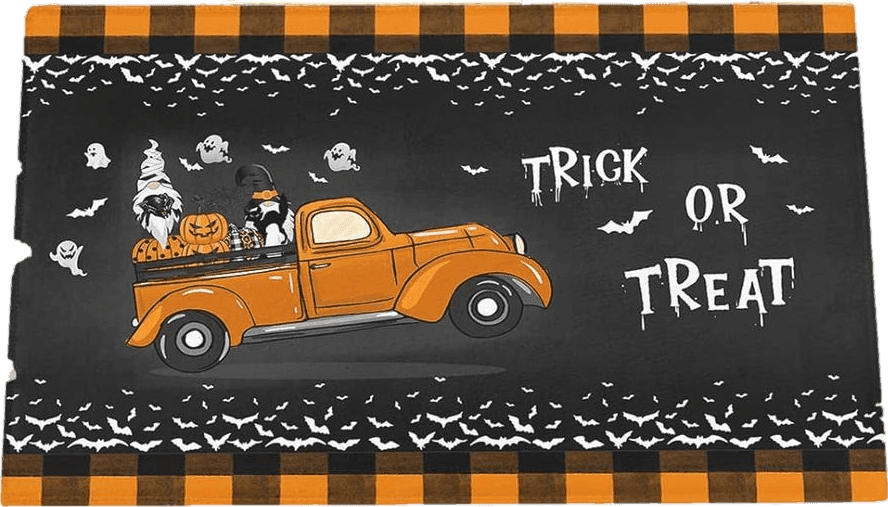 Farm Truck Halloween White Bats Ultra Soft Bathroom Rug, Shag Floor Bath Mat Warm Fluffy Carpet Non-Skid Shaggy Washable Door Mats, Orange Buffalo Check Plaid Entrance Welcome Rugs