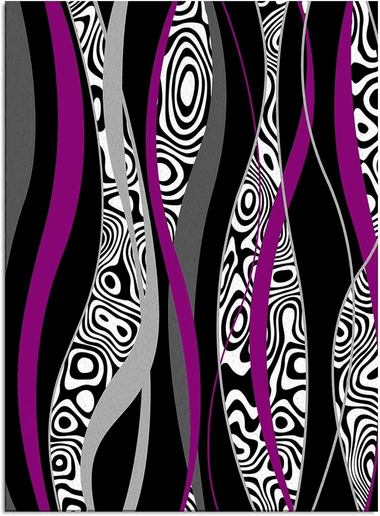 Large Area Rug, Purple Geometric Non-Slip Indoor Accent Area Carpet, Black White Moire Modern Abstract Art Fluffy Shaggy Runner Rug for Living Room, Bedroom, Kids Room, 2'7"x 5"