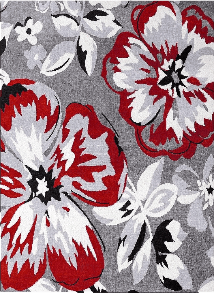 Fluffy Red Large Area Rug, Spring Floral Non-Slip Indoor Accent Area Carpet, Red Summer Flower Farmhouse White Grey Fluffy Shaggy Runner Rug for Living Room, Bedroom, Kids Room, 2'7"x 5"