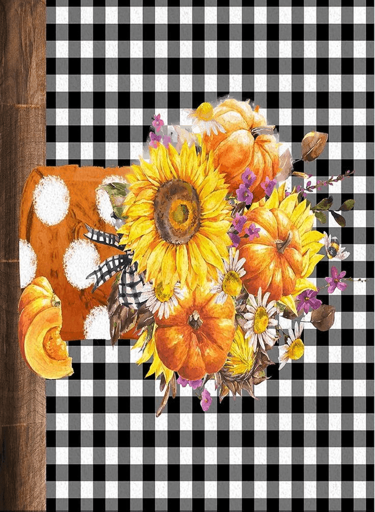 Large Area Rug, Thanksgiving Non-Slip Indoor Accent Area Carpet, Fall Sunflower Pumpkin Harvest Black White Plaid Fluffy Shaggy Runner Rug for Living Room, Bedroom, Kids Room, 2'7"x 5"