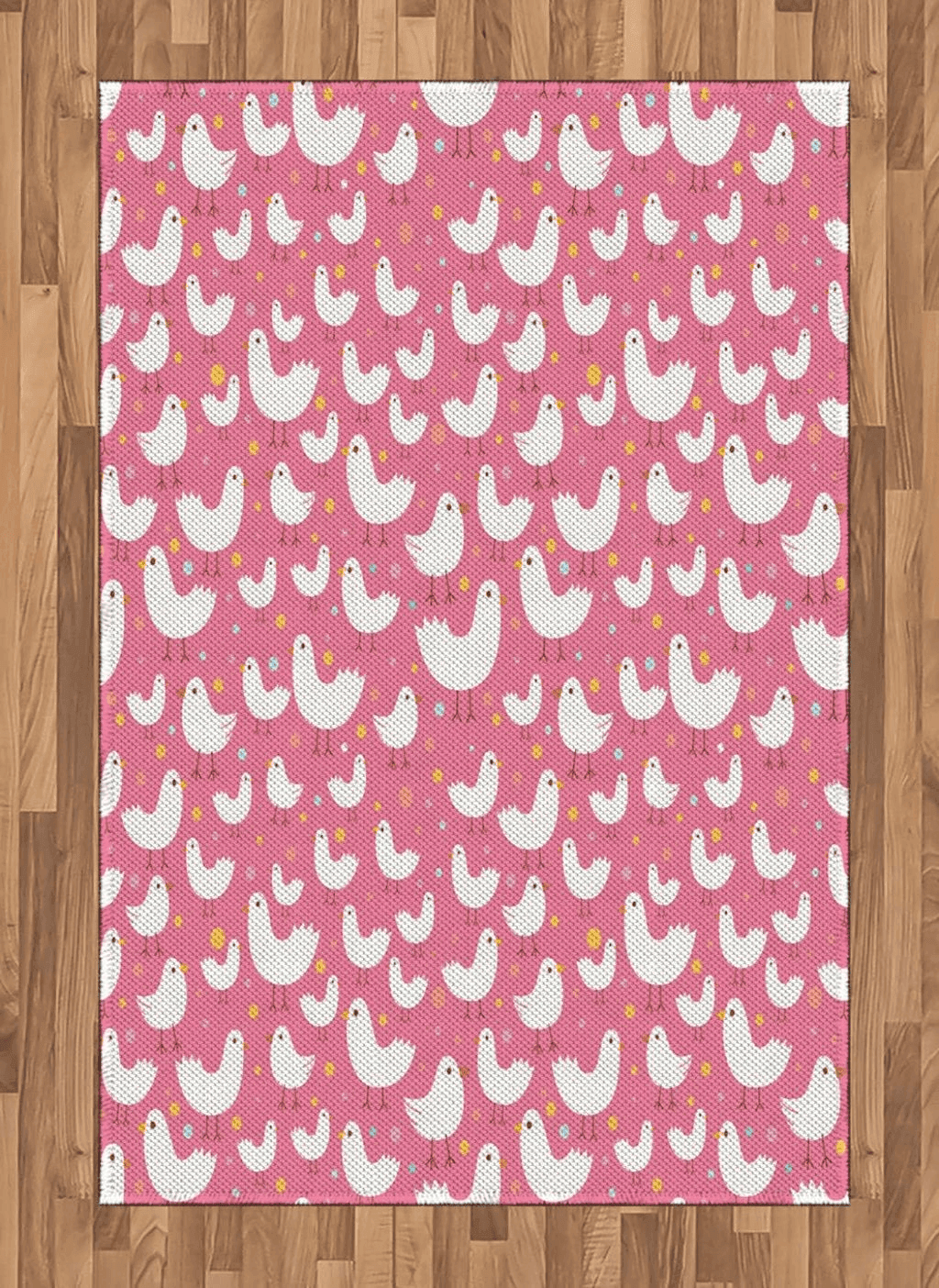 Fluffy Pink Ambesonne Birds Area Rug, Poultry Concept Abstract White Silhouettes of Fluffy Chickens and Tiny Sparrow Birds, Flat Woven Accent Rug for Living Room Bedroom Dining Room, 4' X 5' 7", Multicolor