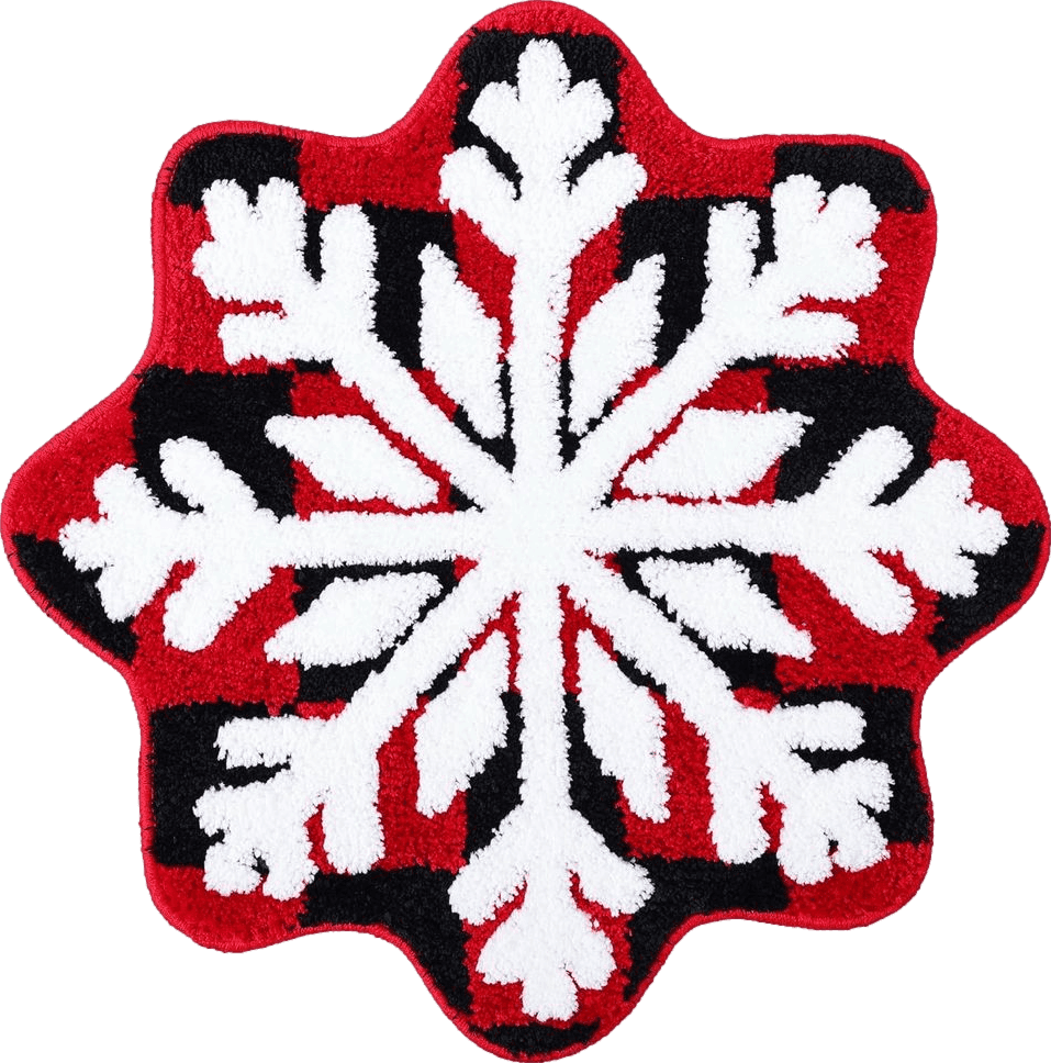 TRUEDAYS Red Black Christmas Decor Snowflake Bathroom Rug, Buffalo Plaid Snowflake Welcome Mat Non Slip Round Shaped Washable Bathtub Rug Bathroom Tub Kitchen Rug Decoration