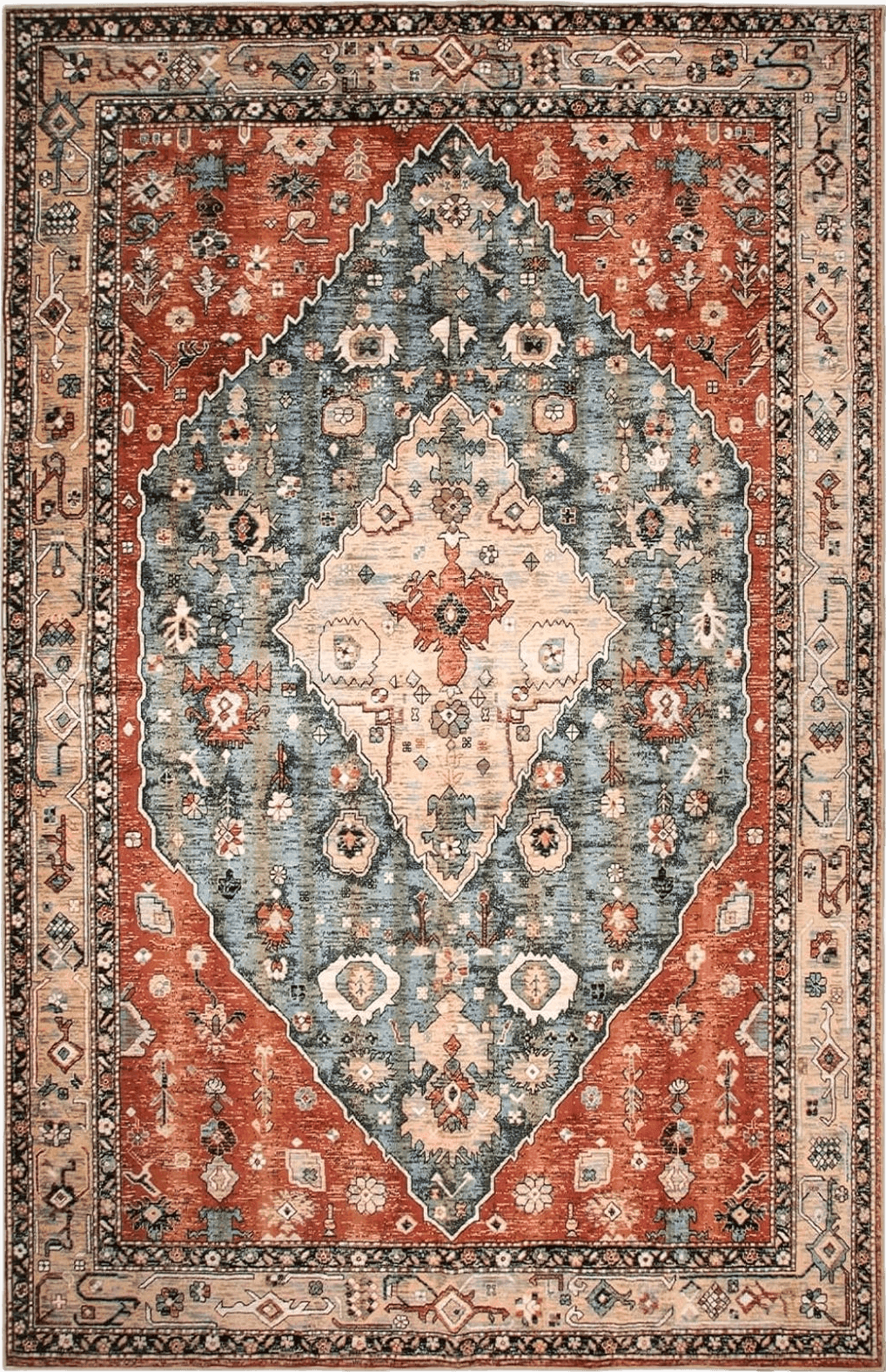 Wool Lahome Boho Tribal Area Rug - 8x10 Large Living Room Area Rug for Bedroom Aesthetic, Washable Playroom Mat Vintage Soft Nursery Accent Carpet for Dining Family Room Foyer Apartment Den,Rust