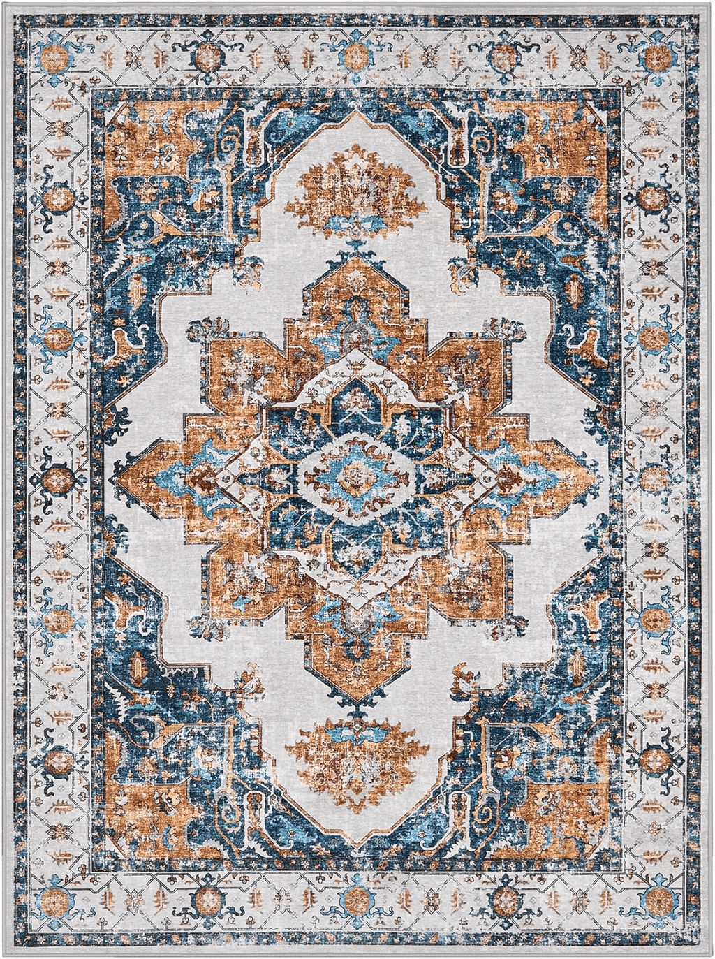 8x10 Area Rugs for Living Room Bedroom: Large Washable Rug with Non-Slip Backing Non-Shedding Stain Resistant, Boho Floral Large Carpet for Dining Room Nursery Home Office Indoor Blue/Orange