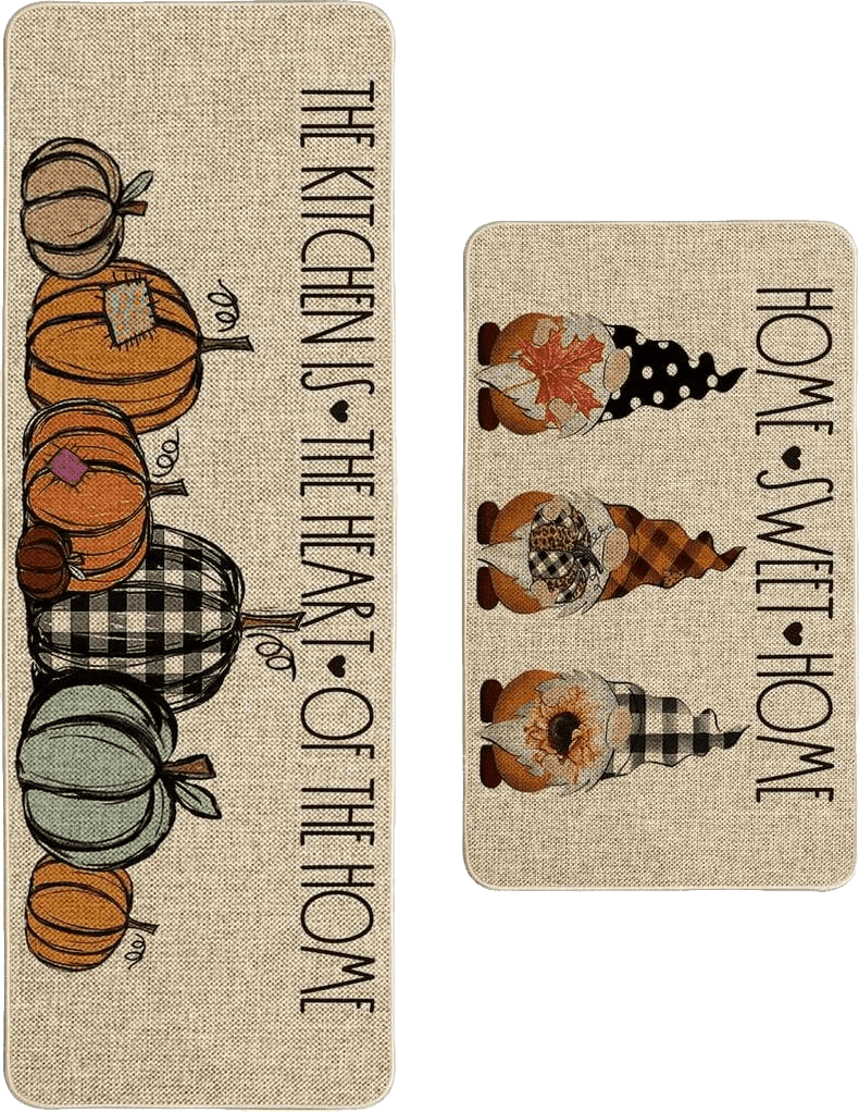 Artoid Mode Home Sweet Home Gnome Pumpkin Decorative Kitchen Mats Set of 2, The Kitchen is The Heart of The Home Seasonal Fall Holiday Party Vintage Low-Profile Floor Mat - 17x29 and 17x47 Inch