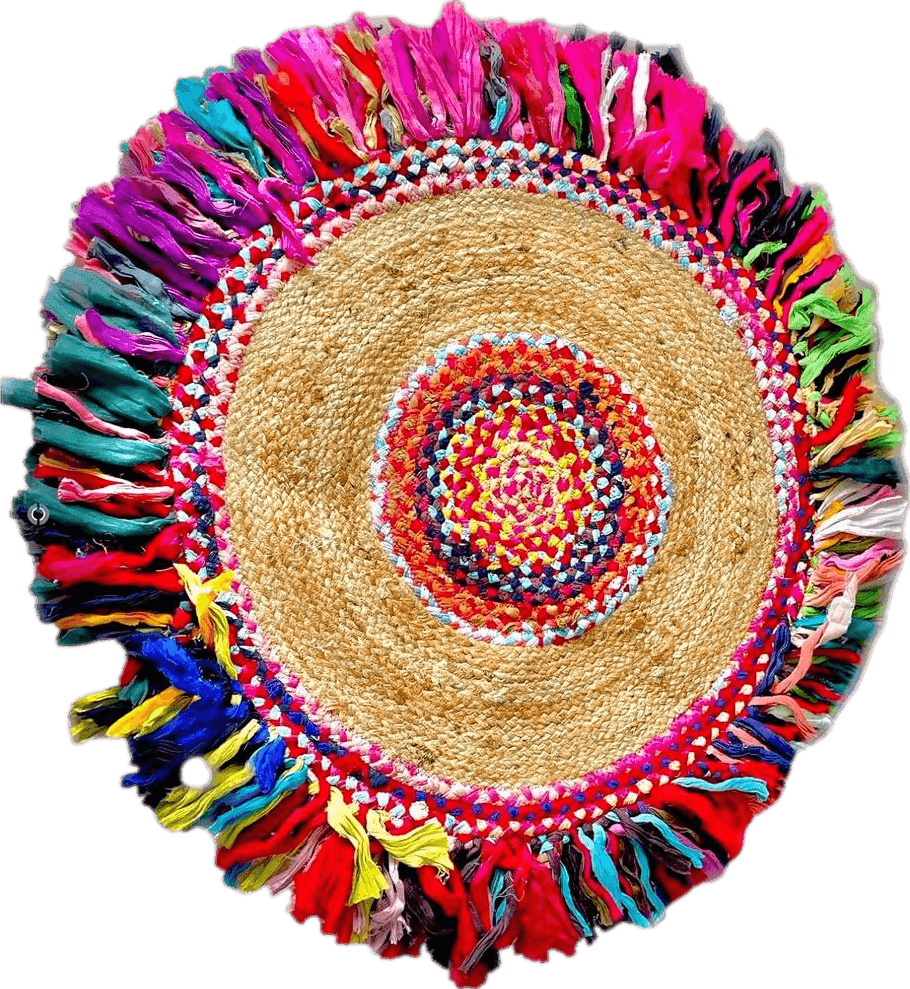 Chindi The Weaving Buddha Organic Round Jute and Cotton Rug Mat Braided and Woven with Fringes for Home Decor 3 feet (36 inches) Multi chindi Fringes …