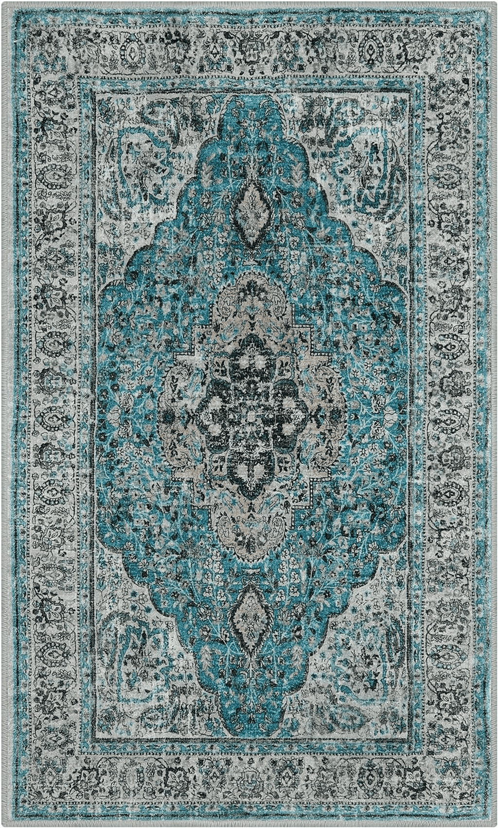 Lahome Oriental 3x5 Area Rug Washable, Bohemian Medallion Vintage Bedroom Throw Rugs Non-Slip Large Bathroom Mat, Low-Profile Soft Indoor Floor Carpet for Hallway Entryway Living Room, Teal