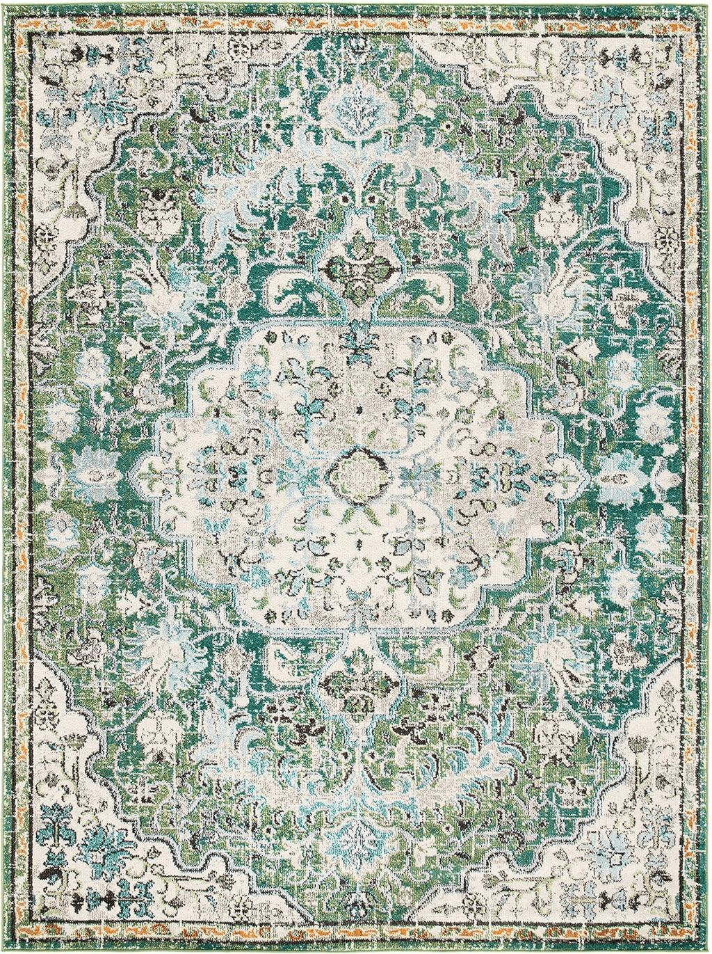 Area Green 8x10 SAFAVIEH Madison Collection Area Rug - 8' x 10', Green & Turquoise, Boho Chic Medallion Distressed Design, Non-Shedding & Easy Care, Ideal for High Traffic Areas in Living Room, Bedroom (MAD447Y)