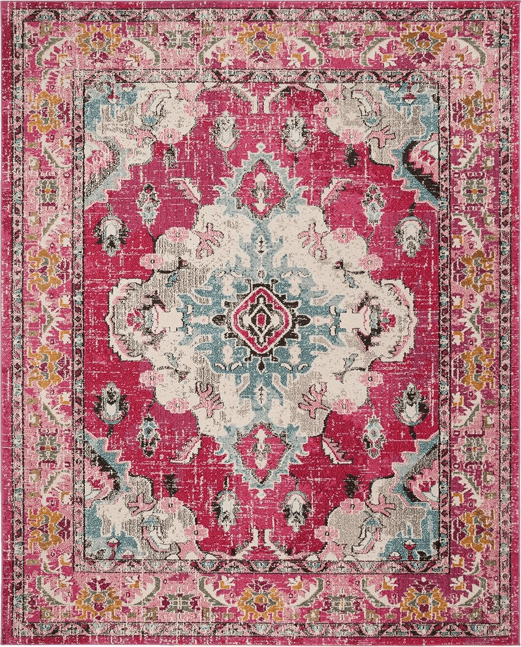 SAFAVIEH Monaco Collection Area Rug - 6'7" x 9'2", Pink & Multi, Boho Chic Medallion Distressed Design, Non-Shedding & Easy Care, Ideal for High Traffic Areas in Living Room, Bedroom (MNC243D)