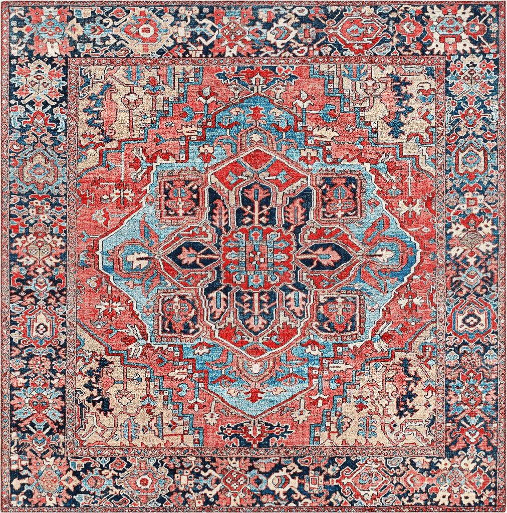 Bedroom Red Artistic Weavers Reeta Printed Medallion Area Rug,4' Square,Bright Red/Wheat