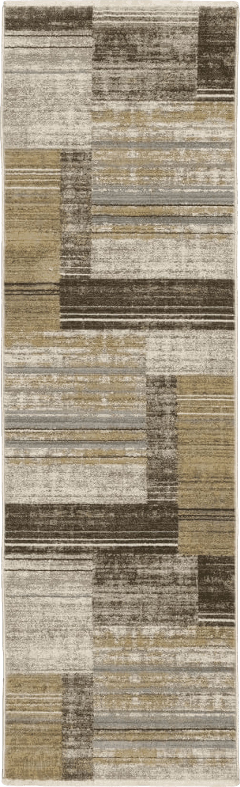 Runner All Runners HomeRoots 8' Beige Charcoal Brown Grey Tan Gold and Blue Geometric Power Loom Runner Rug with Fringe