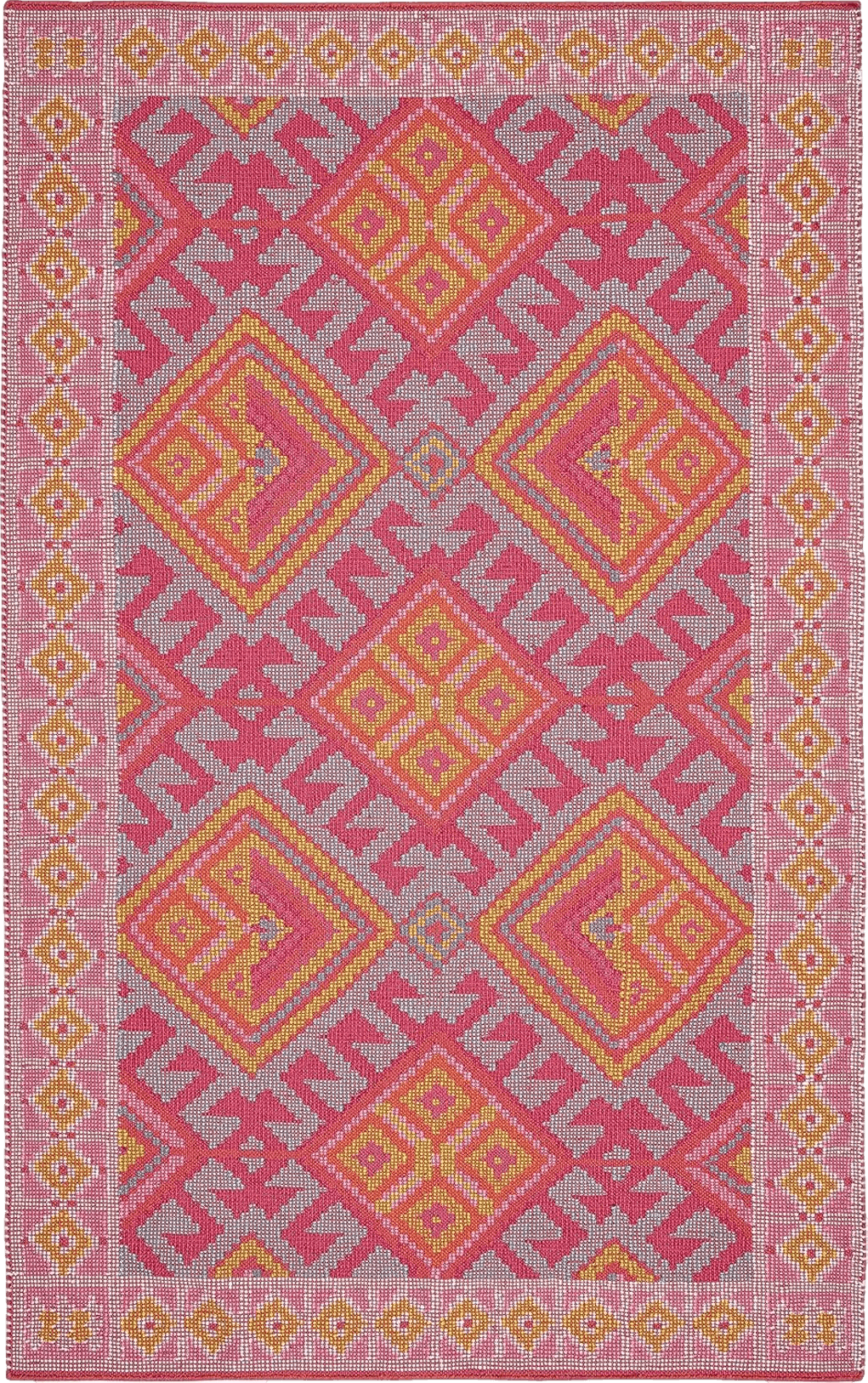 Geometric Pink Dash & Albert Valencia Kilim Handwoven Indoor/Outdoor Rug, 3 X 5 Feet, Pink/Blue Geometric Pattern