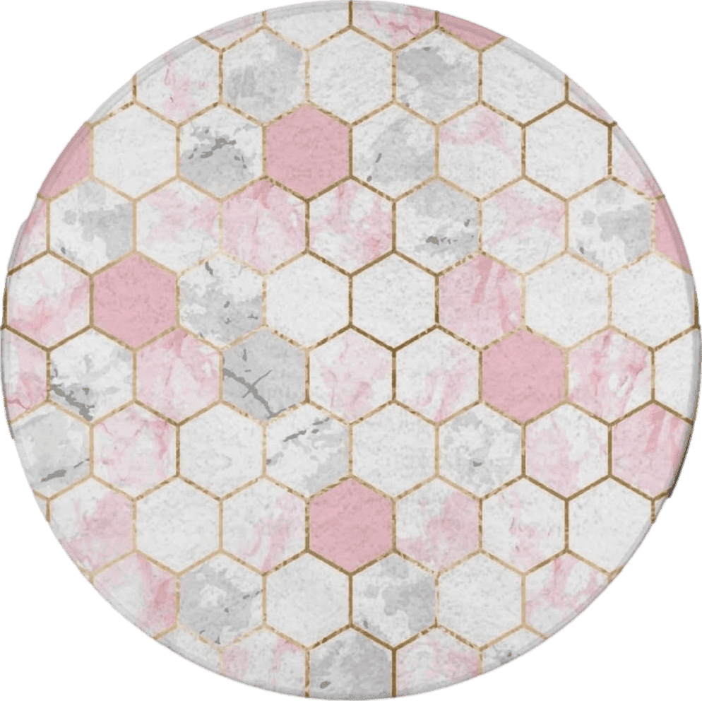 Geometric Pink Classic Circle Area Rug, Geometric Gold Rose Pink Gray White Marble Hexagon Tile Texture Non-Slip Round Mat Washable Indoor Carpet, Ideal for High Traffic Areas in Living Room Kitchen