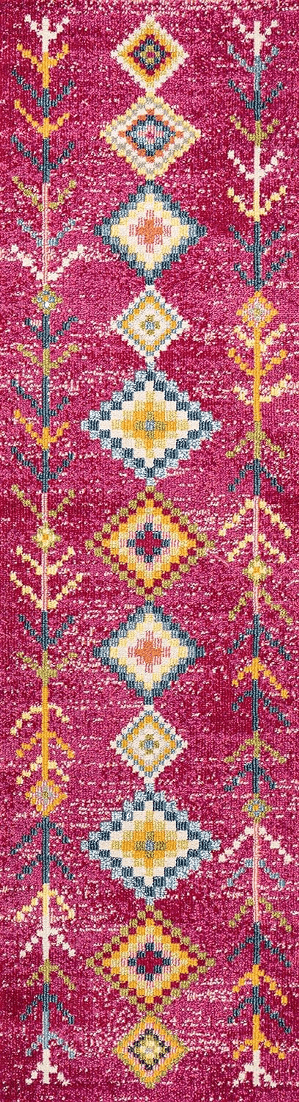 Geometric Pink Eyely HOM105B-28 Moroccan Hype Tribal Love Geometric Indoor Runner Rug Bohemian;Country & Floral;Southwestern, Bedroom, Kitchen, Living Room, Easy-Cleaning, Non-Shedding, 2 X 8, Pink/Multi