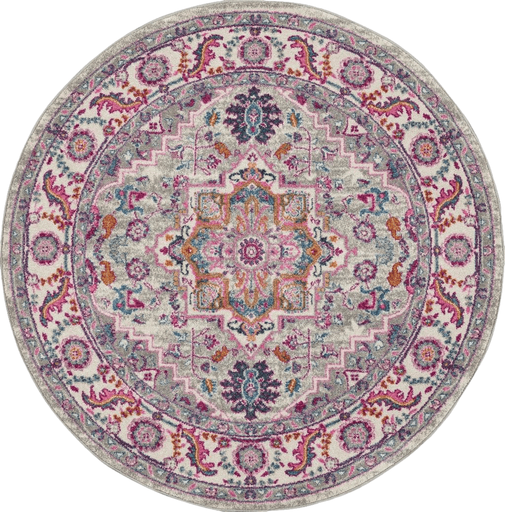 Nourison Passion Bohemian Light Grey/Pink 4' x ROUND Area -Rug, Easy -Cleaning, Non Shedding, Bed Room, Living Room, Dining Room, Kitchen (4 Round)