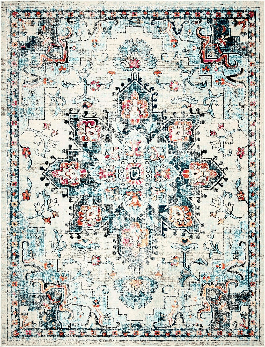 SAFAVIEH Madison Collection Area Rug - 9' x 12', Cream & Blue, Boho Chic Medallion Distressed Design, Non-Shedding & Easy Care, Ideal for High Traffic Areas in Living Room, Bedroom (MAD473B)