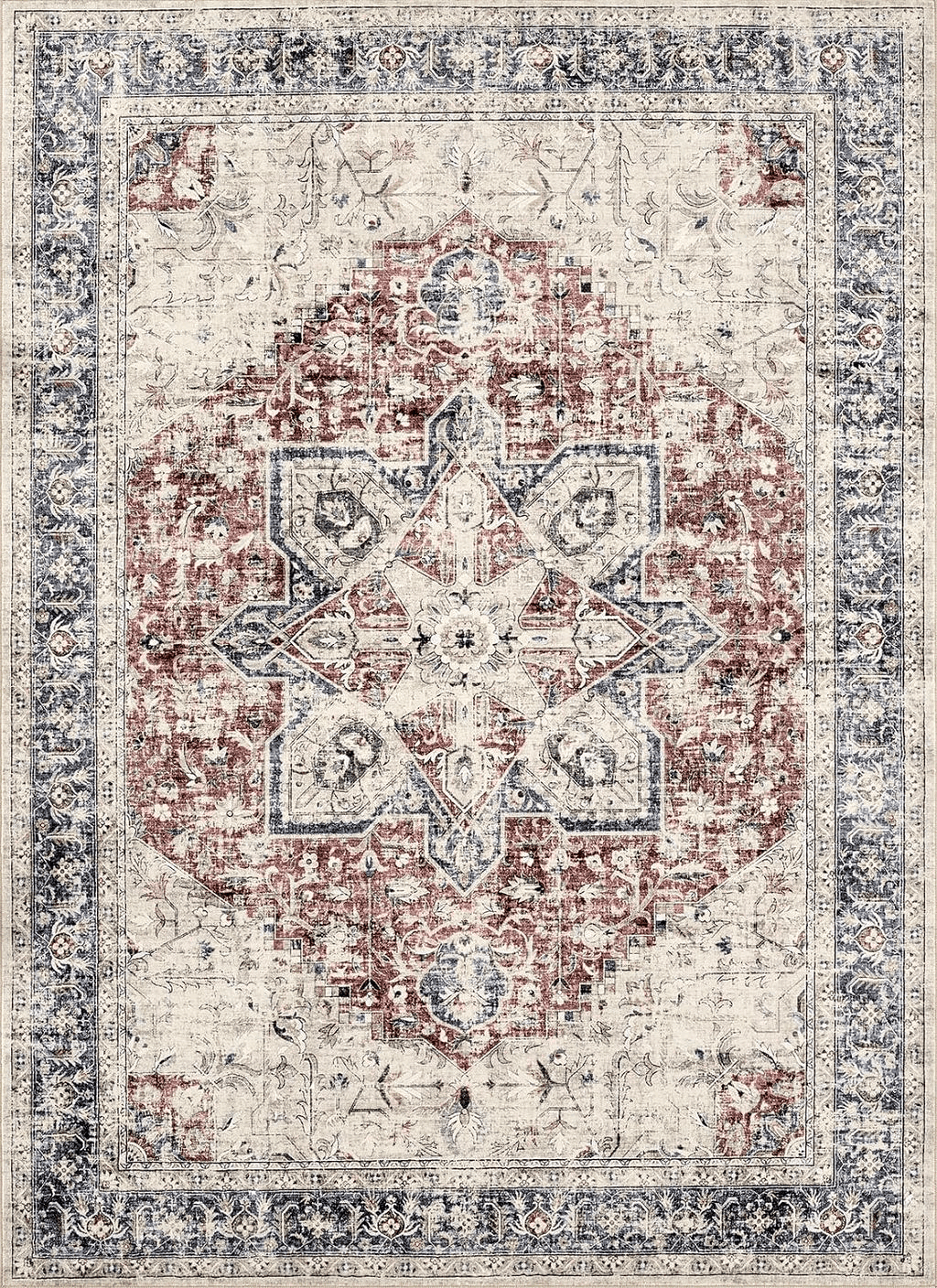 Area Rug Living Room Rugs - 9x12 Washable Boho Rug Vintage Oriental Distressed Farmhouse Small Thin Indoor Carpet for Living Room Bedroom Under Dining Table Home Office - Red Blue
