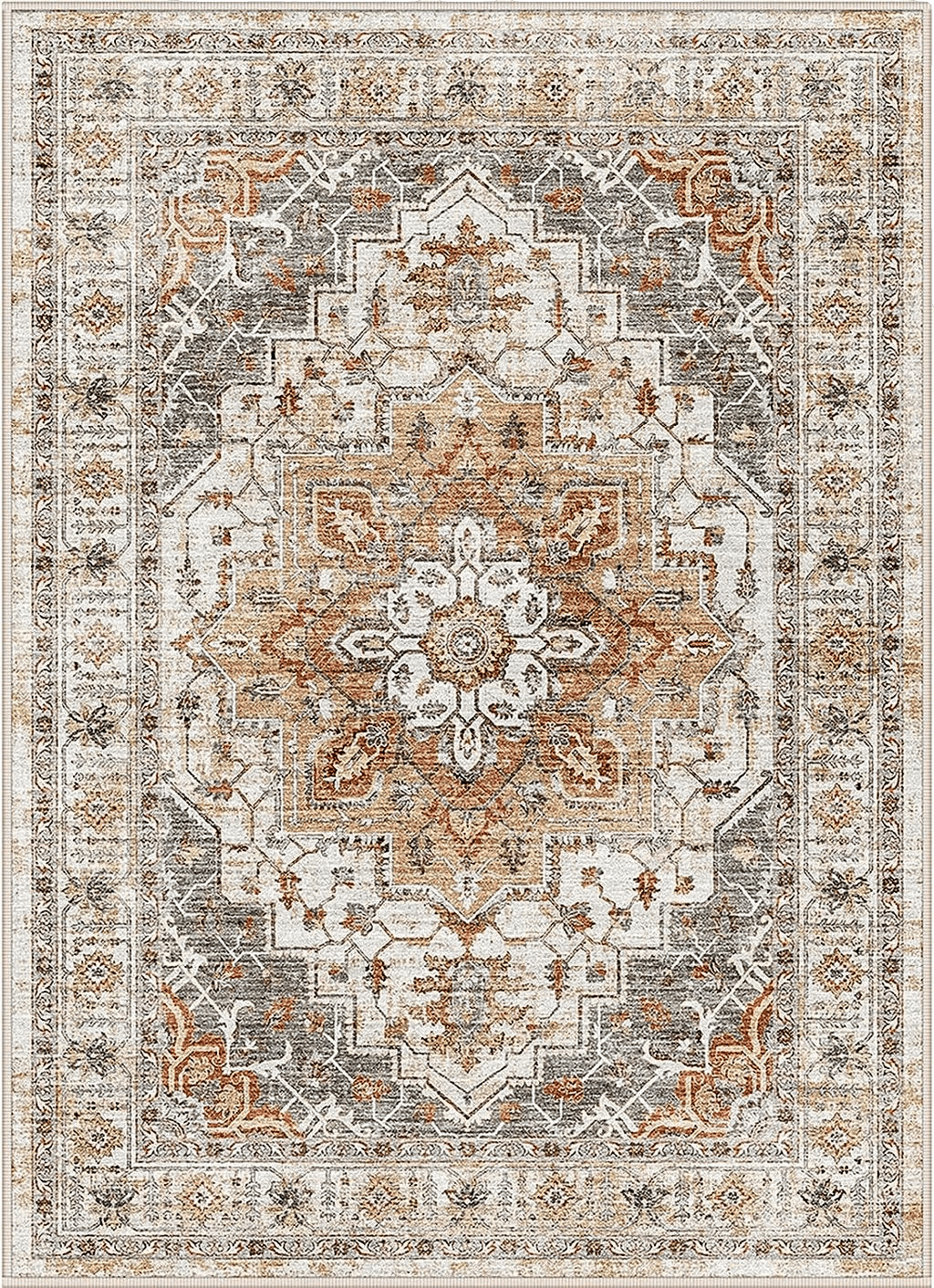 befbee 5x7 Area Rugs for Living Room,Stain Resistant Washable Rug,Non-Slip Backing Rugs for Bedroom,Kitchen,Printed Vintage Home Decor Rug (Turmeric/Grey, 5'x7')