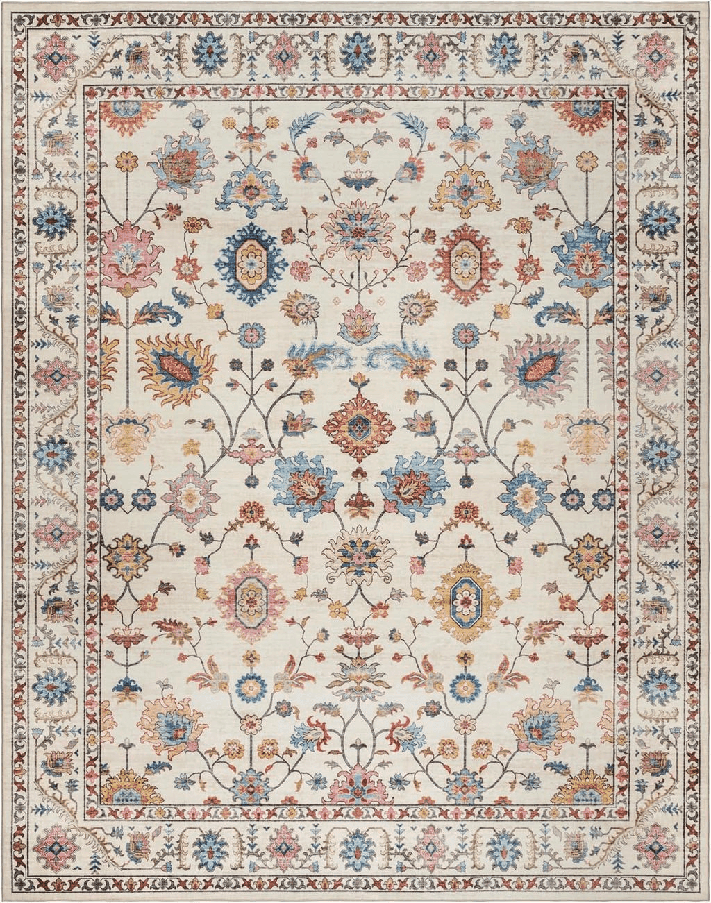 Gertmenian Boho Area Rug, 8x10 Large, Home Decor for Entryway, Bedroom, Living Room, Office, Kitchen, Non Slip, Soft, Low-Pile, Printed Indoor Accent Rugs, Border, Cullen Cream Multi, 28548