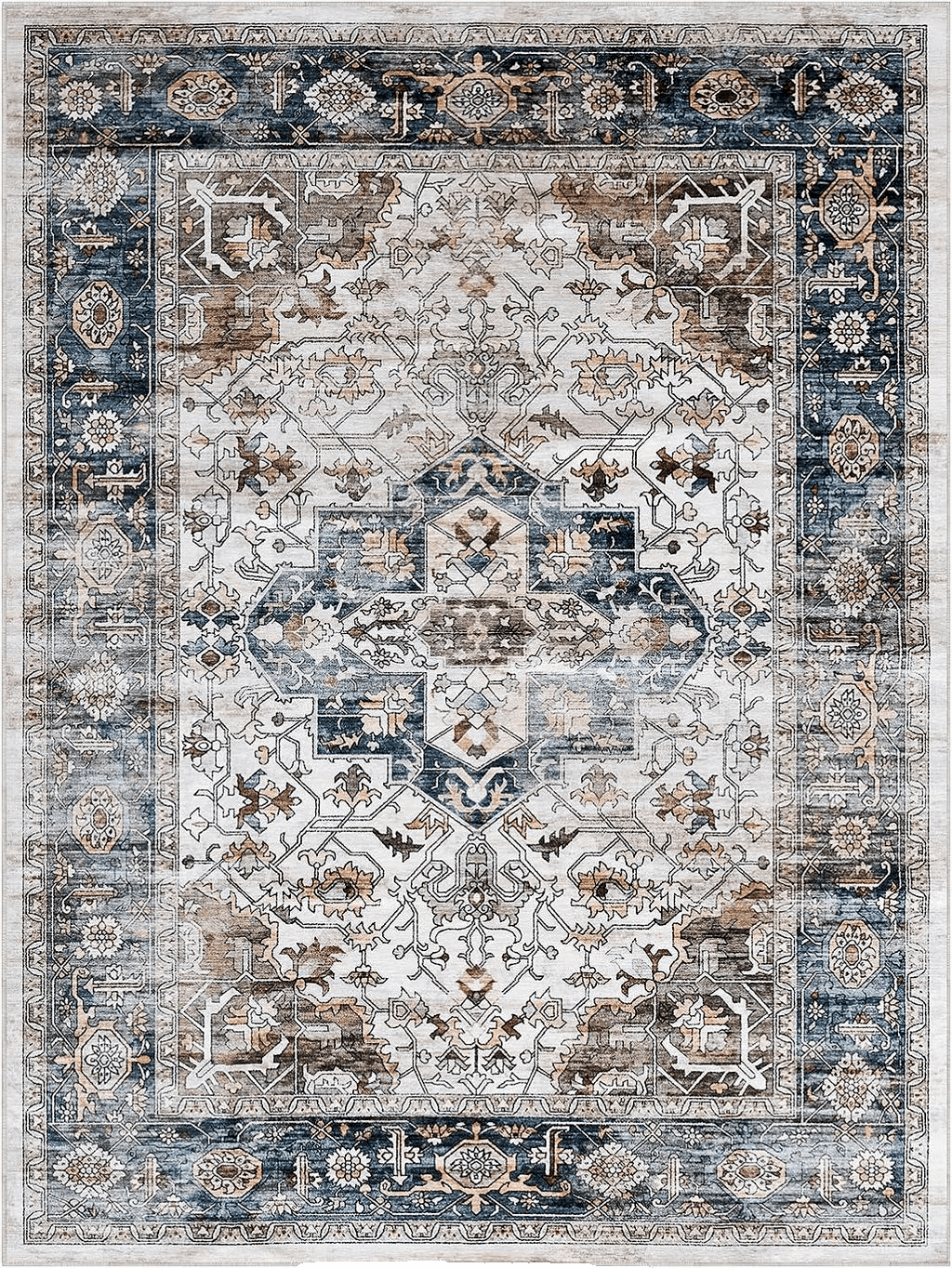Grey White 8x10 Area Rugs for Living Room: Washable Rugs Carpet for Living Room with Non-Slip Backing Non-Shedding Stain Resistant, Boho Floral Large Rugs for Dining Room Nursery Home Office (Blue Multi)