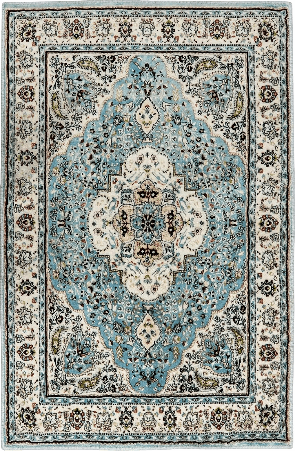 Turkish Lahome Floral Medallion Area Rug - 3x5 Distressed Entry Throw Rug Turkish Indoor Accent Rug Non-Slip Washable Low-Pile Carpet for Entrance Living Room Bedroom Dining Table, Sky/Baby Blue