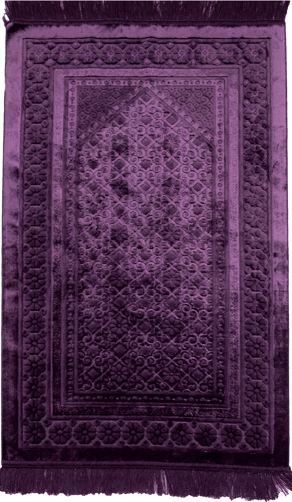 Turkish Modefa Velvet Prayer Rug - Soft Plush Turkish Janamaz Sajada Carpet for Men and Women - Plain Solid Prayer Mat Ramadan Eid Gift - with Prayer Beads - Luxury Floral Stamp (Purple)