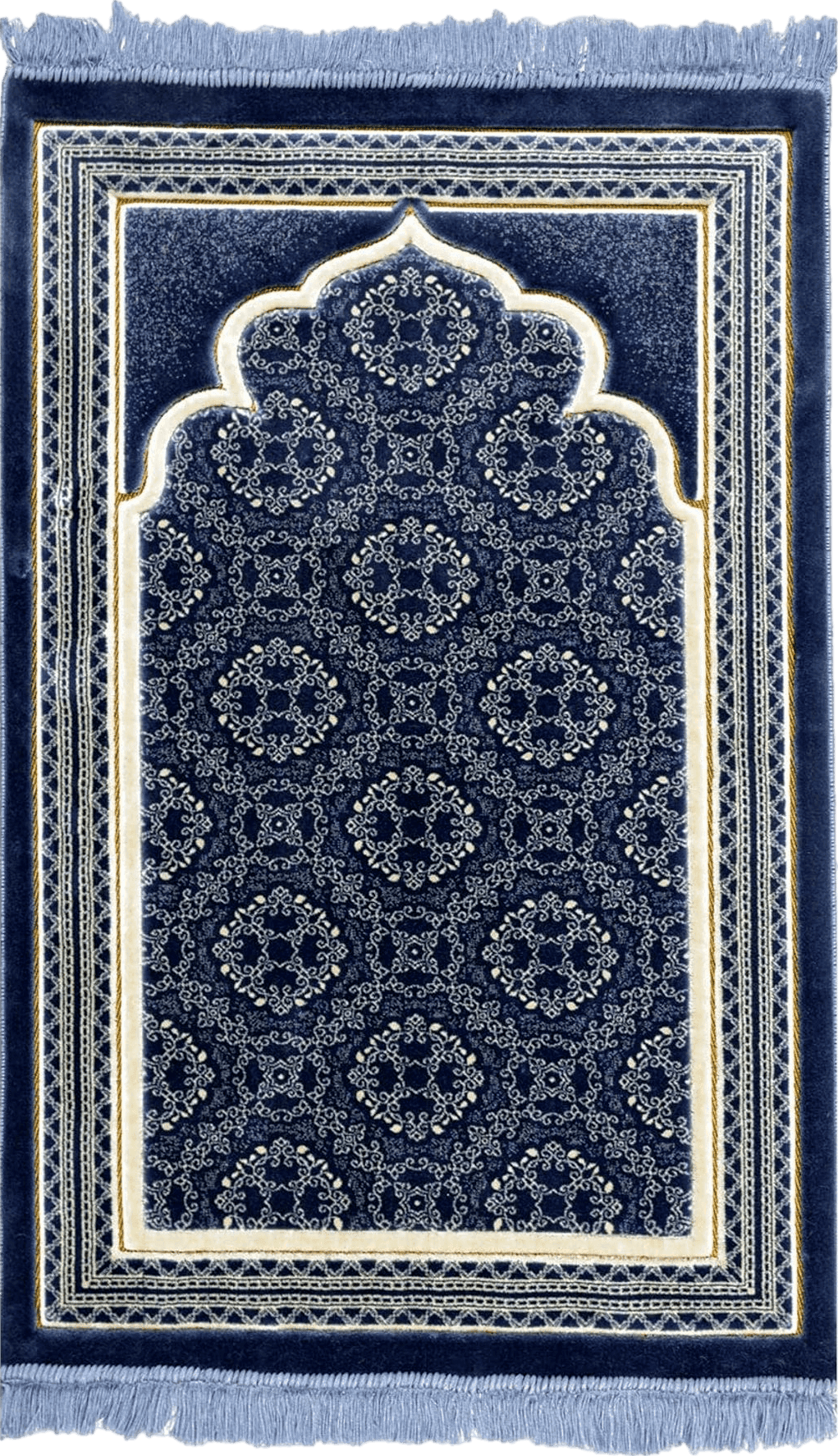 Modefa Turkish Islamic Prayer Rug - Soft Velvet Janamaz Praying Carpet - Comfortable Muslim Praying Mat for Men & Women - Ramadan or Eid Gift - with Kufi Prayer Cap - Elegant Swirl (Blue)