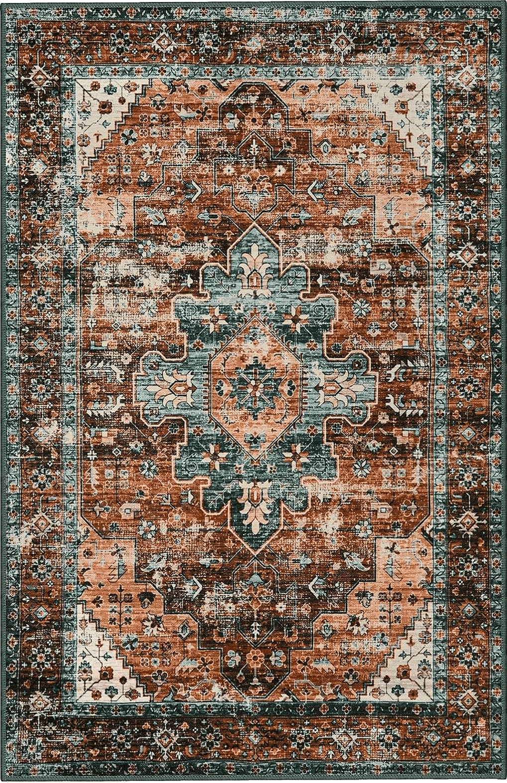 Moynesa Ultra-Thin Washable Vintage Area Rug - 5x7 Large Boho Non-Slip Rug for Bedroom Living Room Oriental Medallion Non-Shedding Print Floor Carpet for Dining Room Home, Brick Red/Dull Teal