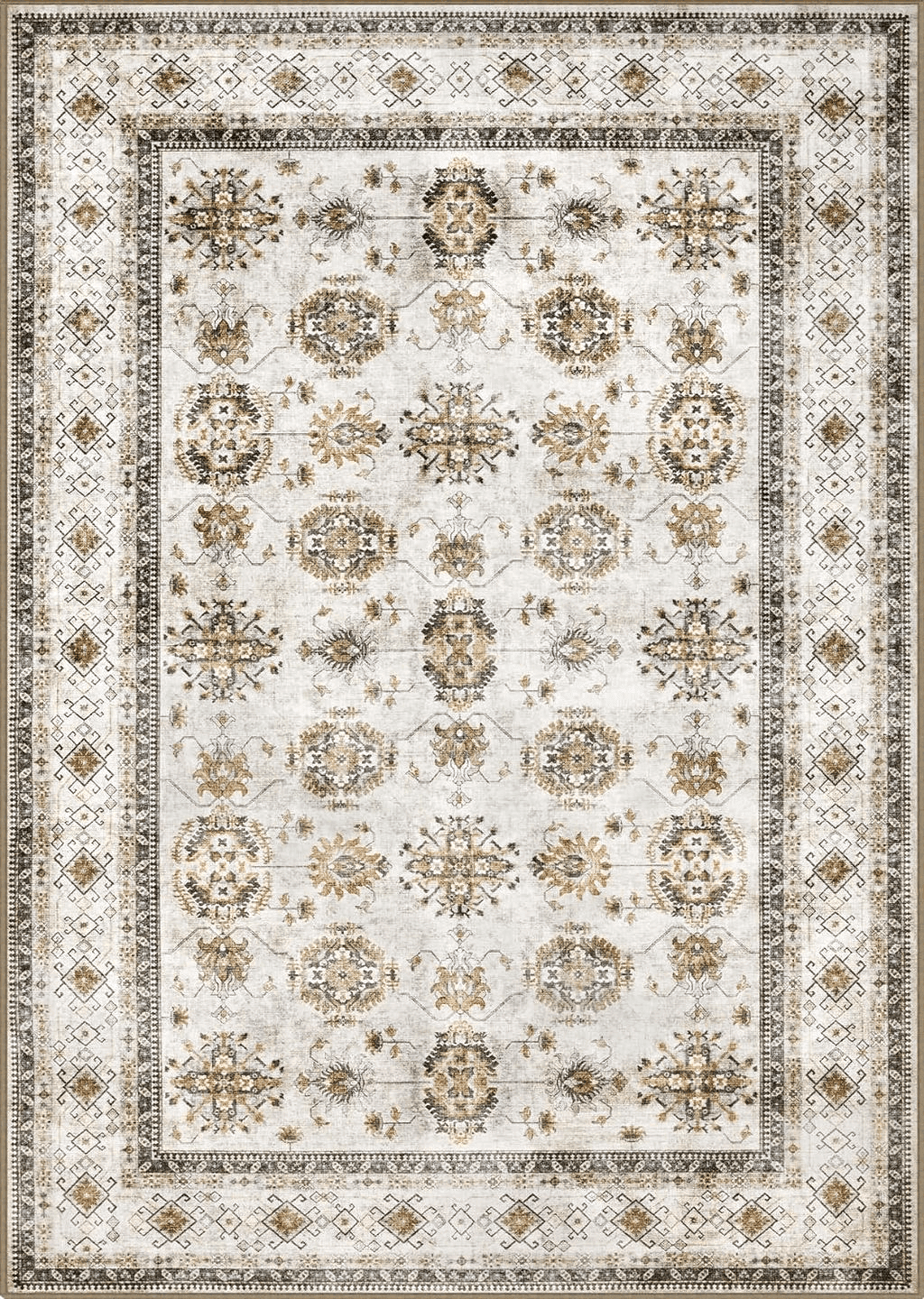 5x7 Area Rugs Living Room Rugs: Large Machine Washable Rug for Bedroom with Non-Slip Backing Non-Shedding Vintage Floral Carpet for Nursery Dining Room Home Office - Beige/Gray