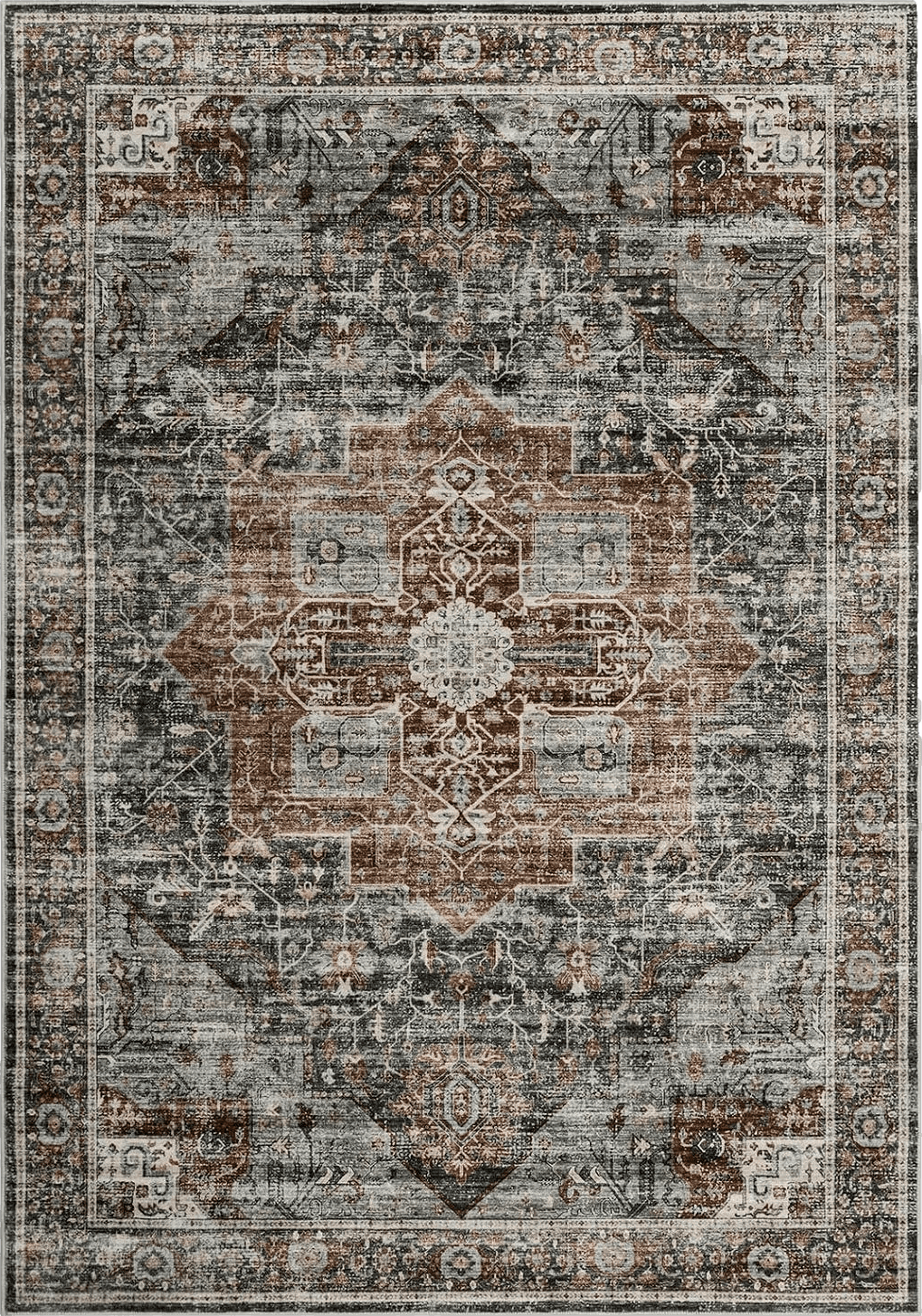 Roxstand 5x7 Area Rugs, Stain Resistant Machine Washable Area Rugs with Non-Slip Backing, Vintage Rugs for Bedroom, Living Room, Large Soft Low Pile Area Rug (Grey/Brown/Tan, 5'x7')