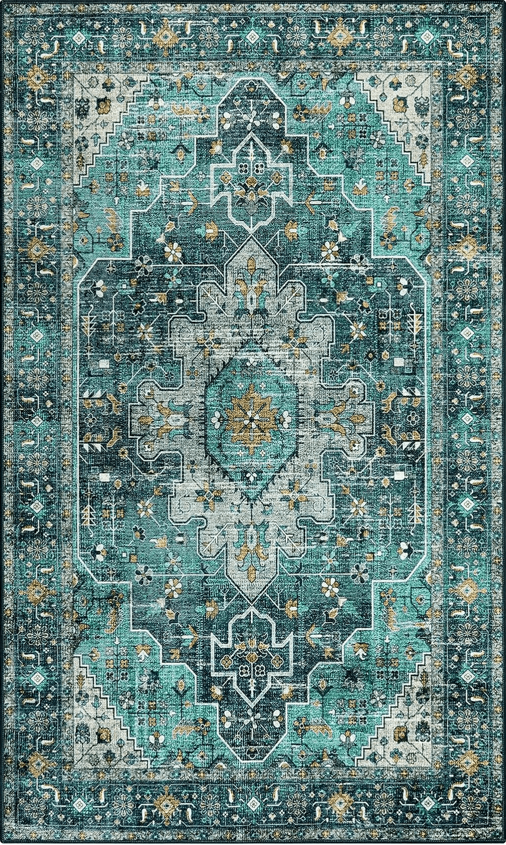 Moynesa Ultra-Thin Washable Vintage Area Rug - 3x5 Boho Entry Throw Rug Non-Slip Oriental Medallion Bedroom Mat Non-Shedding Indoor Floor Carpet for Living Laundry Room, Teal/Mutil