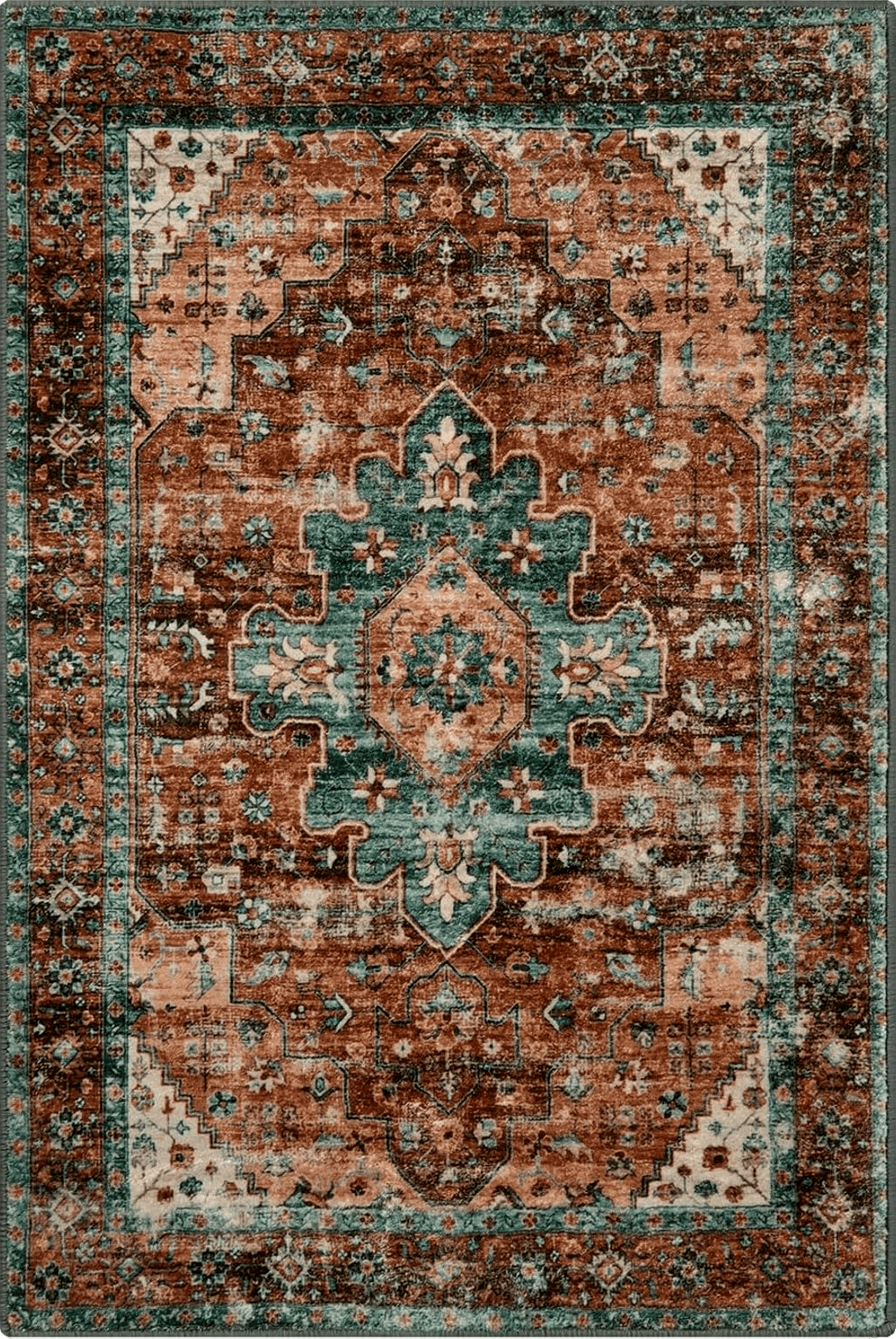 Morebes Vintage Non Slip Small Rugs,Washable Kitchen Rug,Boho 2x3 Area Rug,Distressed Entryway Rug, Non-Shedding Throw Rugs for Bath Mat Bedroom Entry Entrance Decor,Brick Red/Dull Teal