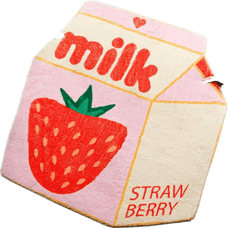 Tufted Snack Break | Cute Pink Strawberry Milk Rug for Bathroom, Bedroom, and Living Room | Non-Slip Backing | Ultra Soft Machine Washable Microfiber