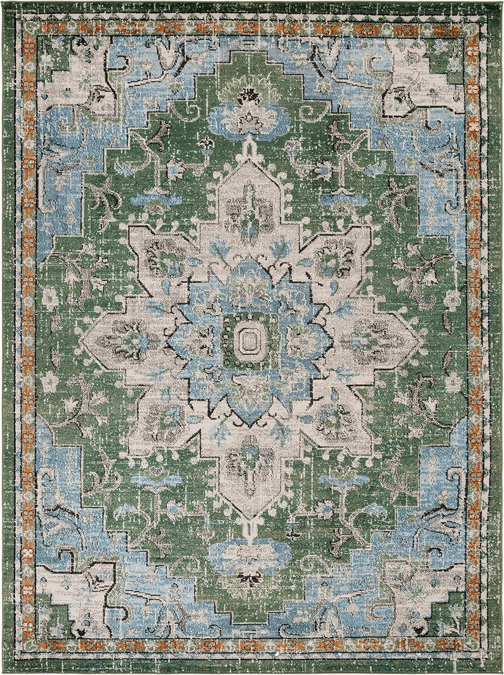 Area Green 8x10 SAFAVIEH Madison Collection Area Rug - 8' x 10', Green & Turquoise, Boho Chic Medallion Distressed Design, Non-Shedding & Easy Care, Ideal for High Traffic Areas in Living Room, Bedroom (MAD473Y)