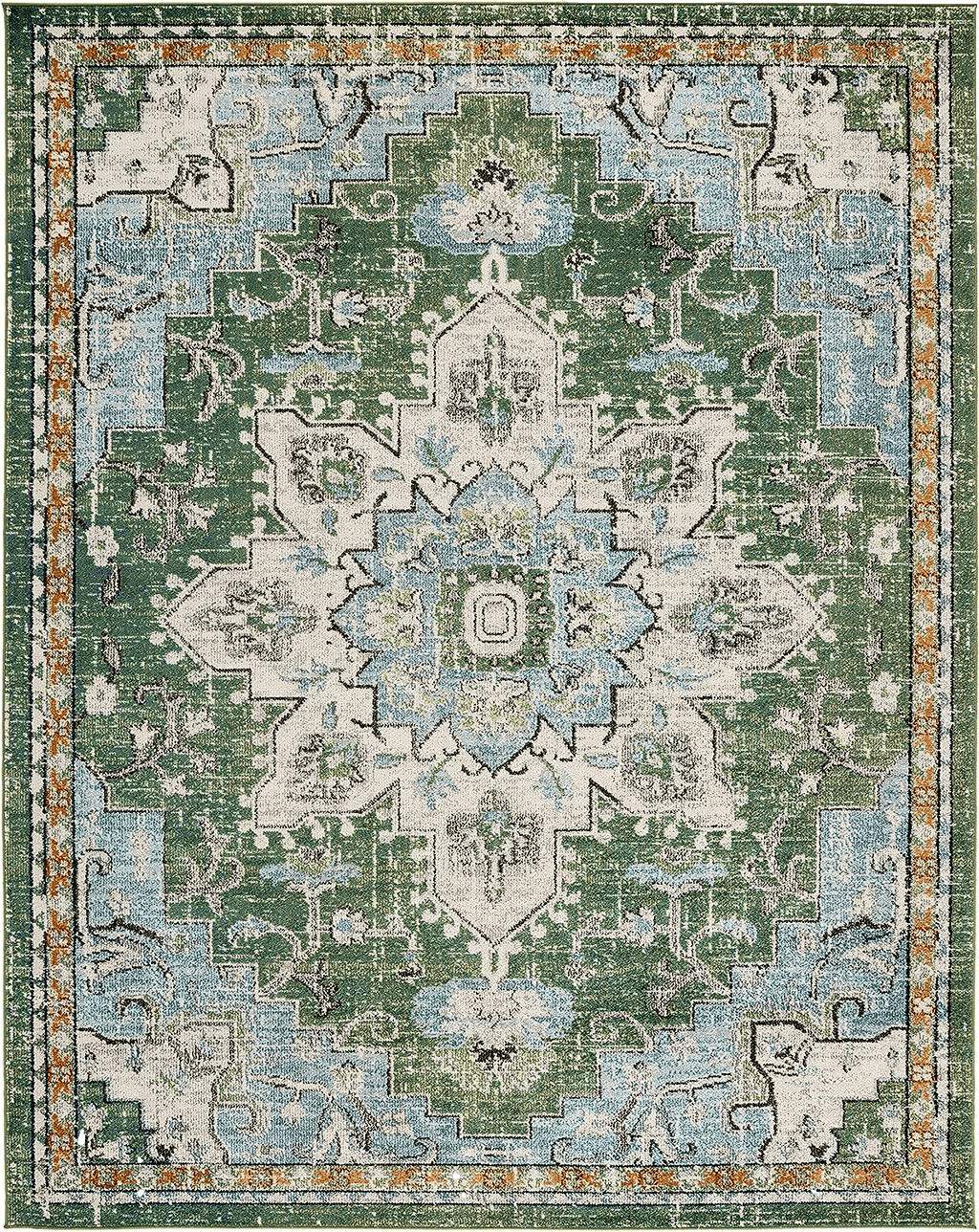 SAFAVIEH Madison Collection Area Rug - 6' x 9', Green & Turquoise, Boho Chic Medallion Distressed Design, Non-Shedding & Easy Care, Ideal for High Traffic Areas in Living Room, Bedroom (MAD473Y)