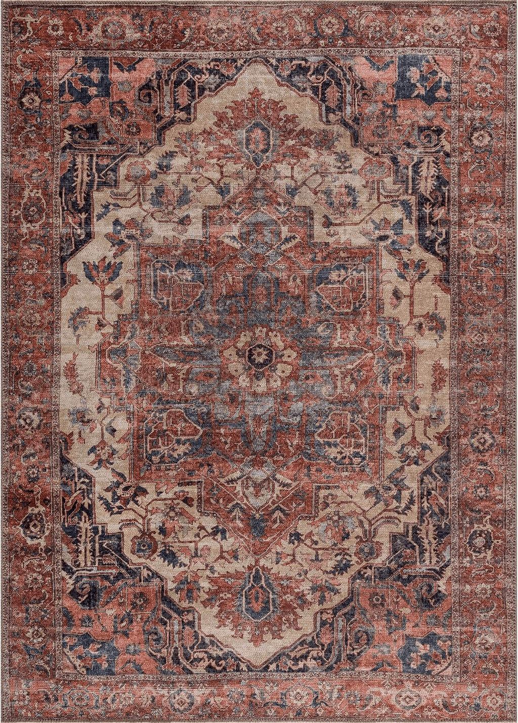 Caria Bloom Rugs Washable 3' x 5' Rug - Beige/Terracotta Traditional Area Rug for Living Room, Bedroom, Dining Room, and Kitchen - Exact Size: 3' x 5'