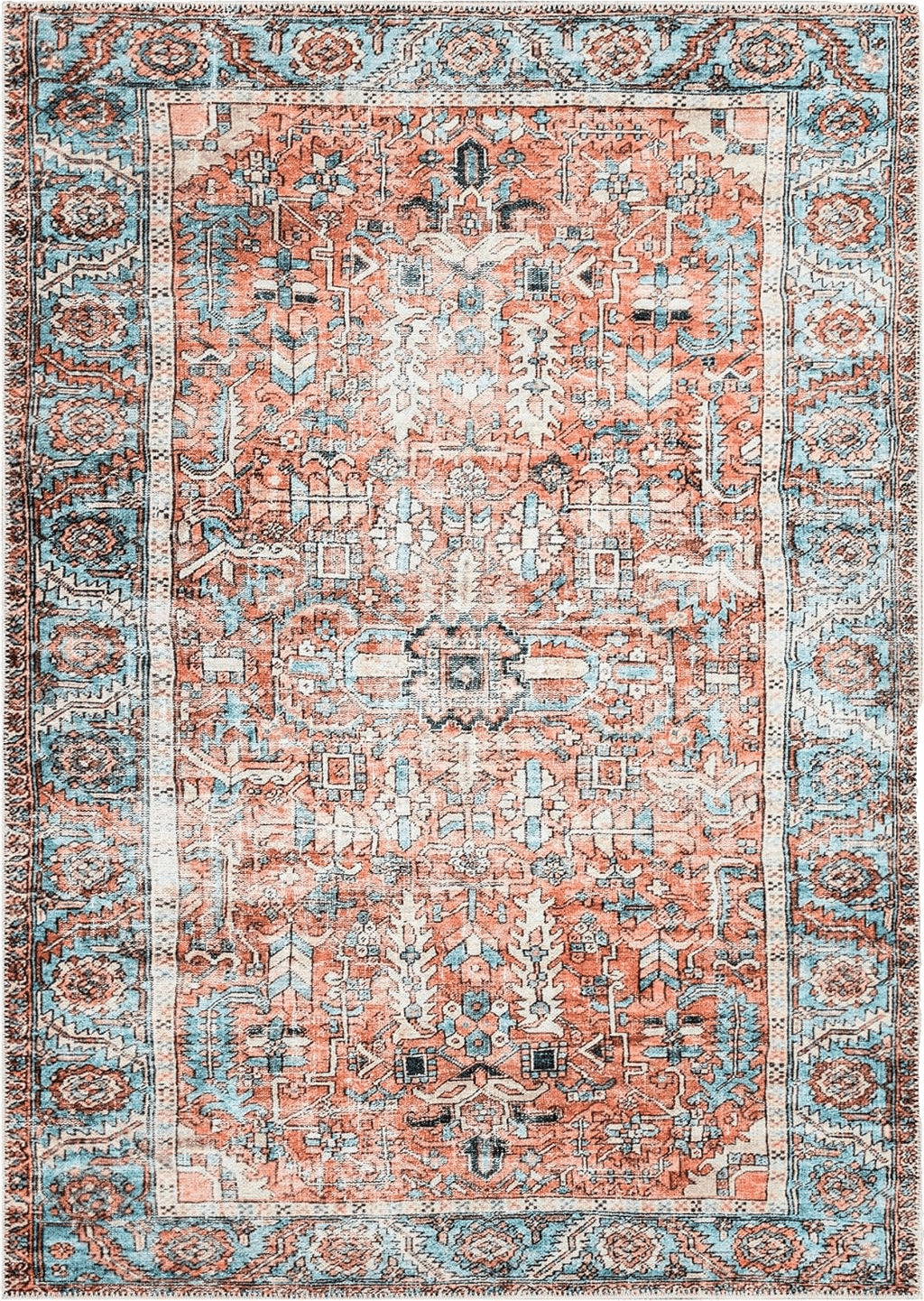 Caria Bloom Rugs Washable Non-Slip 5' x 7' Rug - Orange/Blue Traditional Area Rug for Living Room, Bedroom, Dining Room, and Kitchen - Exact Size: 5' x 7'