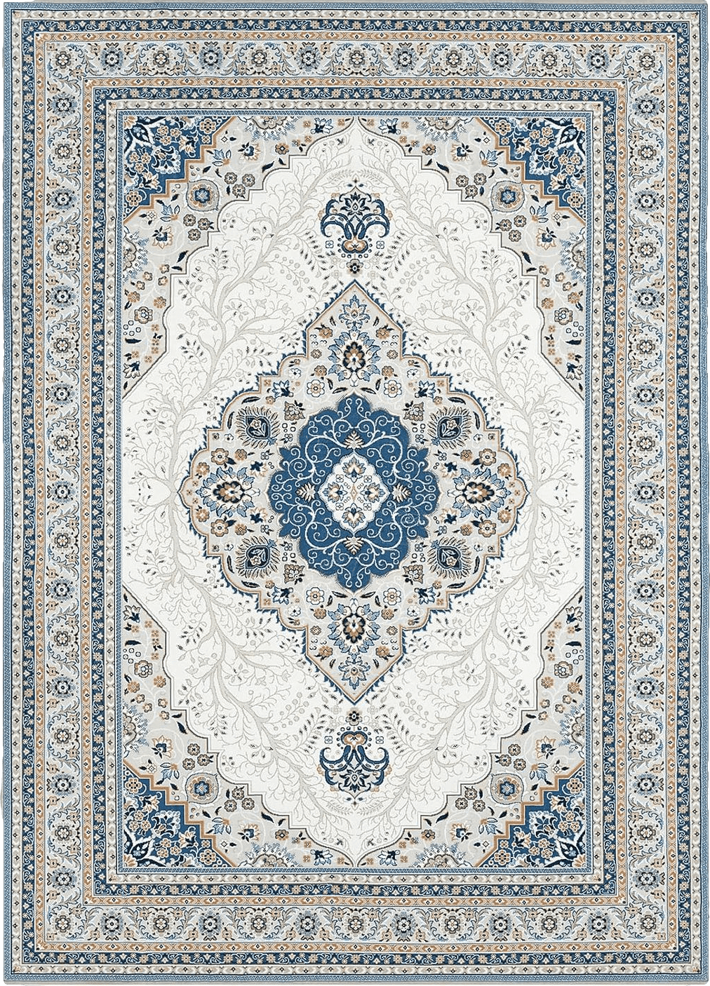 Area Rug Living Room Rugs: 3x5 Machine Washable Rug Soft Low Pile Area Rug with Non-Slip Backing, Medallion Floor Carpet for Bedroom Dining Room Nursery Home Office-Blue/Cream