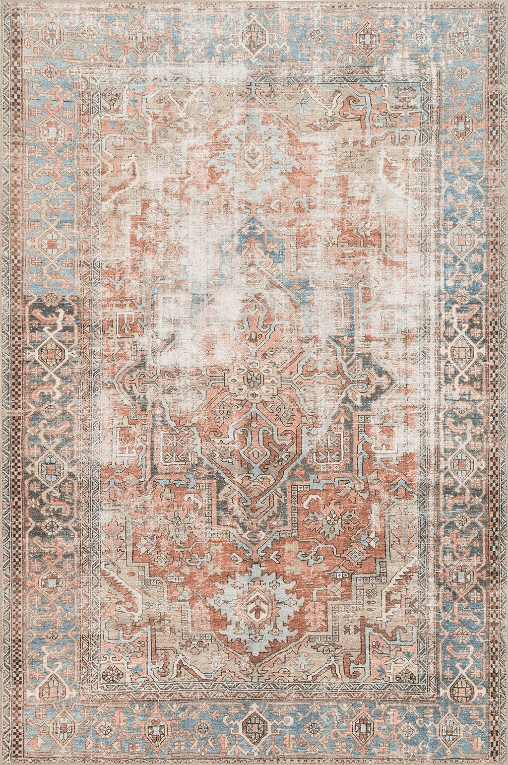 Terracotta Loloi II Loren Collection LQ-15, Terracotta/Sky 3'-6" x 5'-6", Accent Rug, Soft, Durable, Vintage, Distressed, Low Profile, Non-Shedding, Easy Clean, Living Room Rug