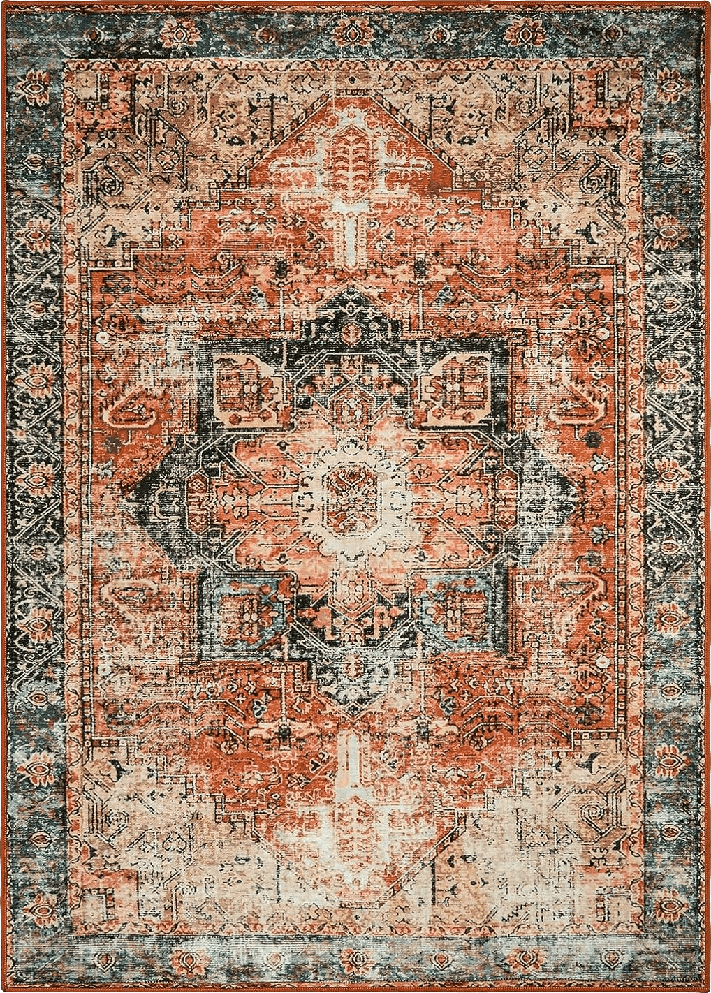 Wonnitar Oriental 5x7 Area Rugs,Washable Large Living Room Rug,Non-Slip Ultra-Thin Vintage Throw Rug for Dining Room,Retro Stain Resistant Floor Mat for Mud Room Basement Entry,Orange