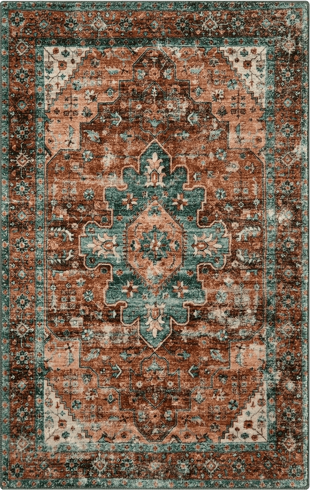 Oriental Morebes Vintage 3x5 Area Rug for Bedroom,Bohemian Non-Slip Entryway Rugs Indoor Oriental Medallion Machine Washable Door Rugs Entry Mat Carpet for Living Room Kitchen, Brick Red/Dull Teal