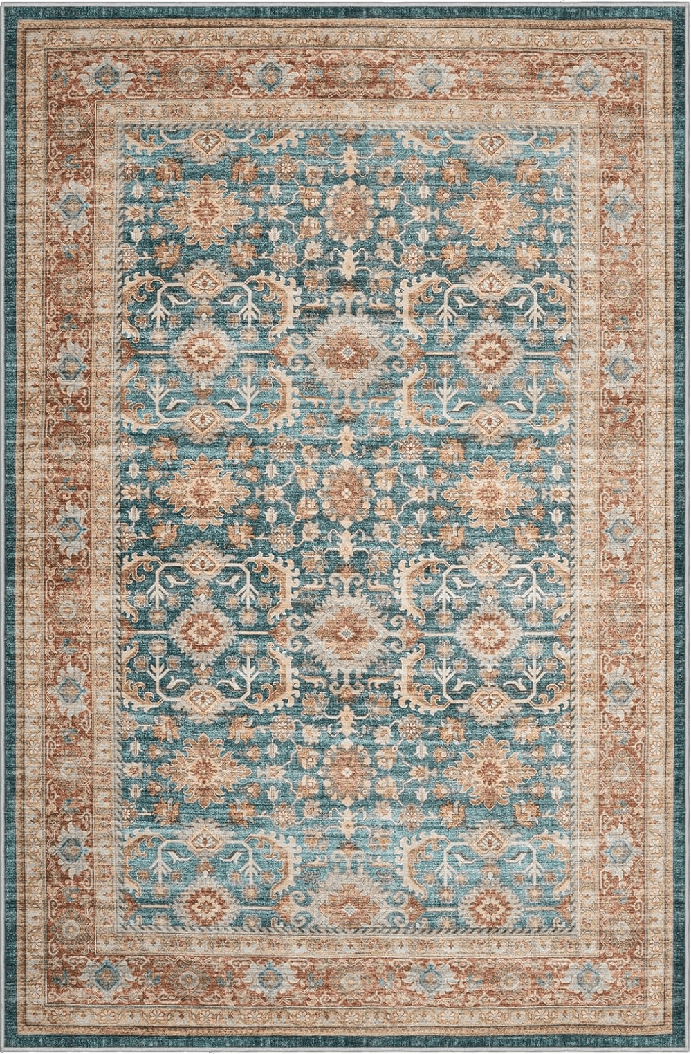 Oriental 5x7 Area Rug Living Room Rugs: Machine Washable Large Carpet for Bedroom Boho Floral Print Distressed with Non-Slip Backing Stain Resistant Large Rugs for Dining Room Home Decor (Gold Multi 5'x7')