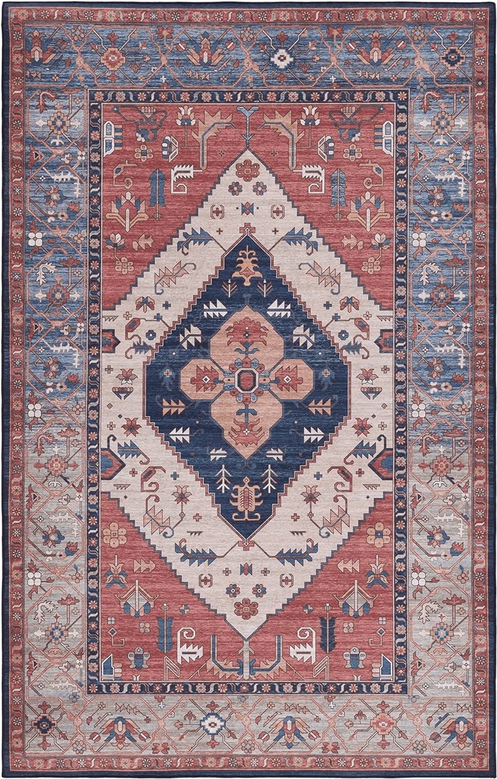 SAFAVIEH Tucson Collection Area Rug - 8' x 10', Rust & Blue, Traditional Persian Design, Non-Shedding Machine Washable & Slip Resistant Ideal for High Traffic Areas in Living Room, Bedroom (TSN153P)