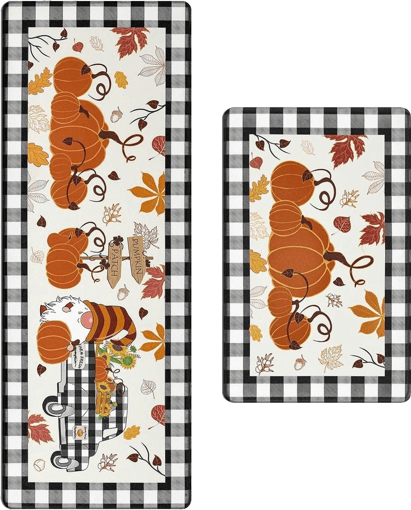 Bsmathom Fall Kitchen Rugs Set of 2, Anti Fatigue Non Slip Kitchen Rugs and Mats Sets Thick Cushioned Kitchen Mats, Thanksgiving Pumpkin Gnomes Waterproof Kitchen Rug Runner for Office Laundry Room