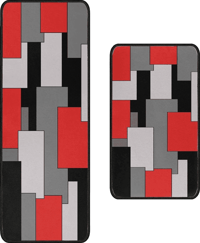 Checkered Kitchen Red Kitchen Rugs Set of 2- Red, Black, and Grey Modern Geometric Non-Slip Washable Floor Mats - Comfort Sink and Laundry Room Runner - Contemporary Abstract Art Design Decor 17x47.2 and 17x30 inches