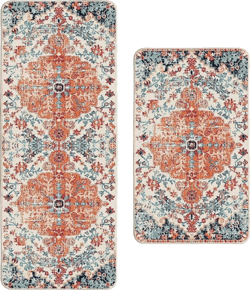 Bohemian Boho All Runners Artoid Mode Orange Flowers Bohemia Kitchen Mats Set of 2, Daily Boho Home Decor Low-Profile Kitchen Rugs for Floor - 17x29 and 17x47 Inch