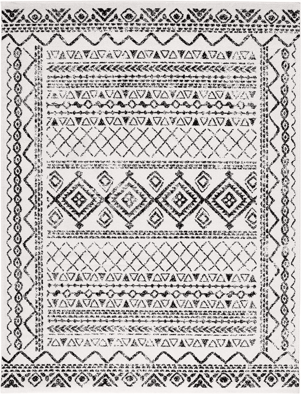 Bohemian Black White SAFAVIEH Tulum Collection Area Rug - 8' x 10', Ivory & Black, Moroccan Boho Distressed Design, Non-Shedding & Easy Care, Ideal for High Traffic Areas in Living Room, Bedroom (TUL268D)