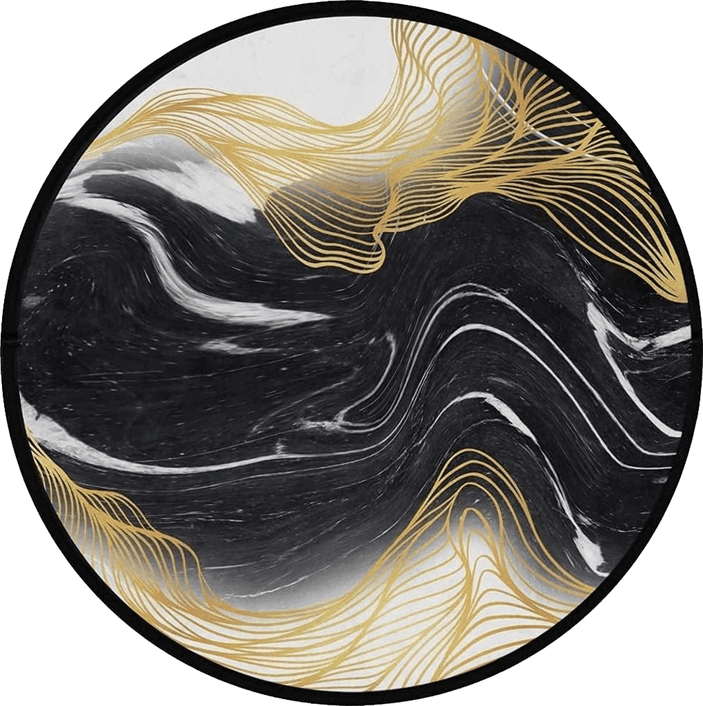 Marble Pattern Round Area Rug Black Gold Textured Doormat Non-Slip Floor Mat Round Area Rug Carpet for Bedroom Living Room Study Playing Carpet, 3' Diameter