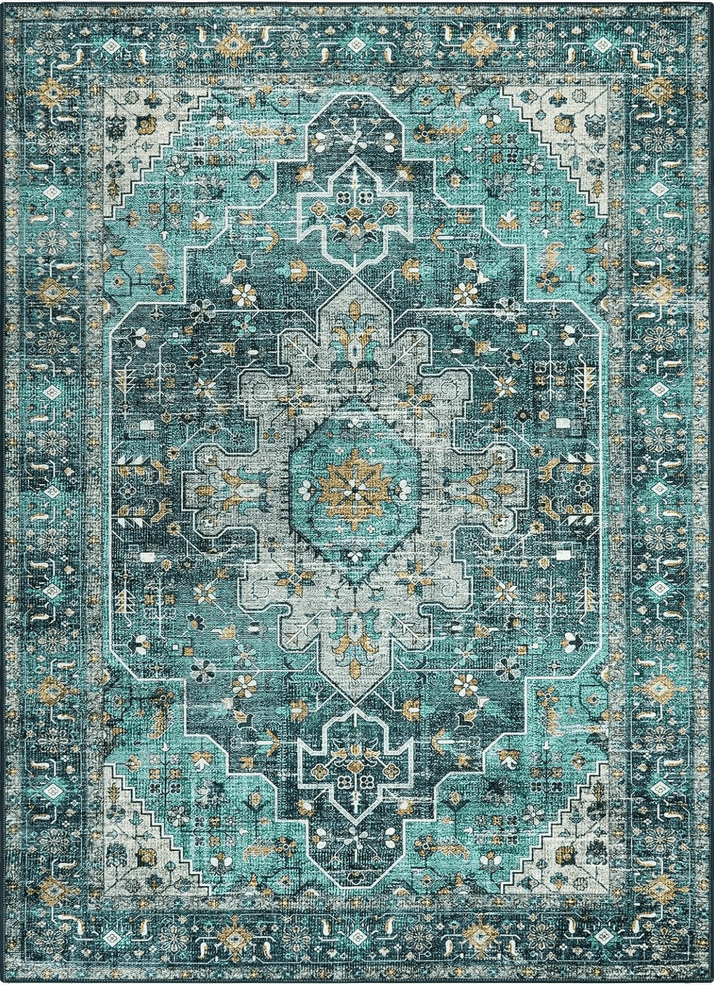 Moynesa Ultra-Thin Washable Area Rug - 4x6 Teal Living Room Rug Oriental Rugs for Bedroom, Non Slip Non Shedding Low Pile Entryway Carpet for Bedroom Dressing Room Office