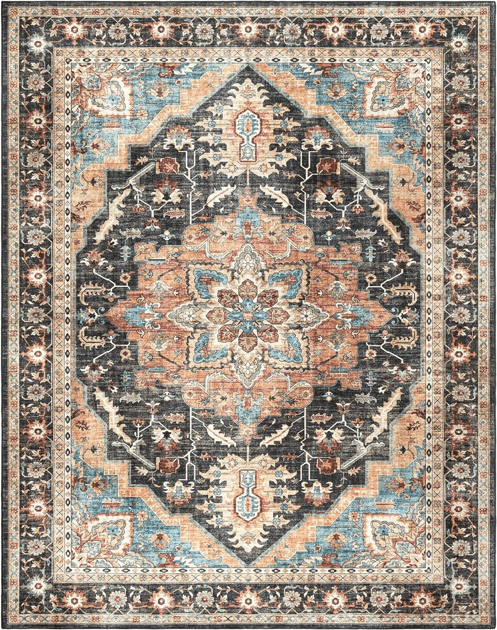 Gertmenian Boho Area Rug, 8x10 Large Home Decor for Entryway, Bedroom, Living Room, Office, Kitchen Non Slip, Soft, Low-Pile, Printed Indoor Accent Rugs Center Medallion, Tiefi Black Multi, 28542